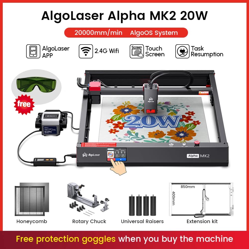 Laser Engraver AlgoLaser Alpha MK2, Power 20W, 3.5” Color Touch Screen, Offline Control via App, Fai-da-Te Instrument for Metal Engraving and MDF