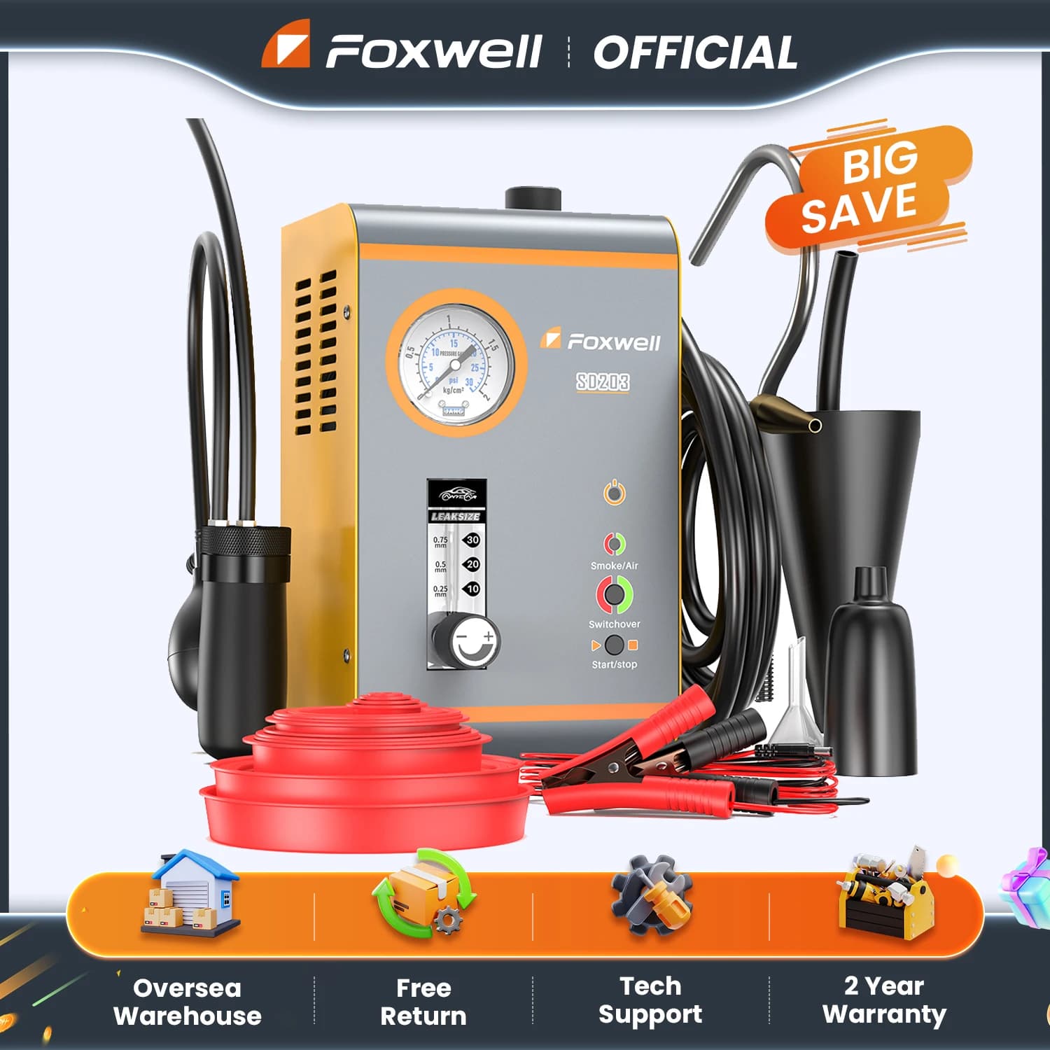 FOXWELL SD203 Macchina per Fumo Automobilistica con Pompa d'Aria Integrata, Rilevatore di Perdite EVAP e Vuoto, Tester Diagnostico per Tubi Auto a Doppia Modalità