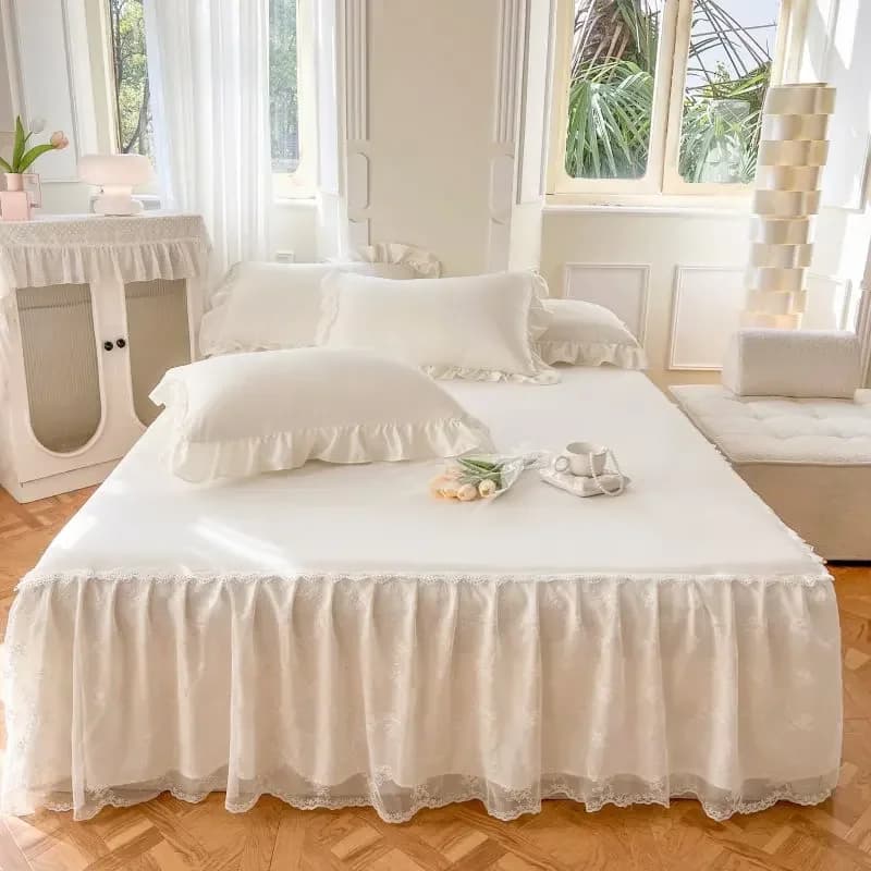 100% cotton lace princess bed skirt + 2-piece pillows Bed linen set in lace pink
