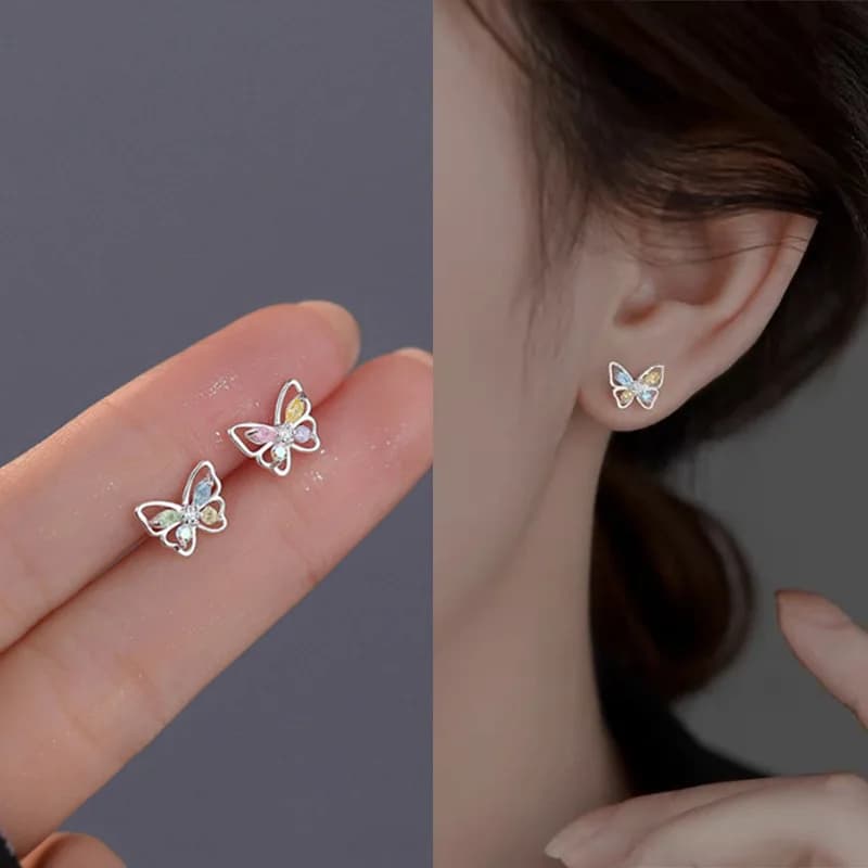 Orecchini a Farfalla con Piccoli Strass Colorati per Donne, Graziosi Orecchini a Perno Mini in Argento Traforato, Gioielli Semplici da Regalo