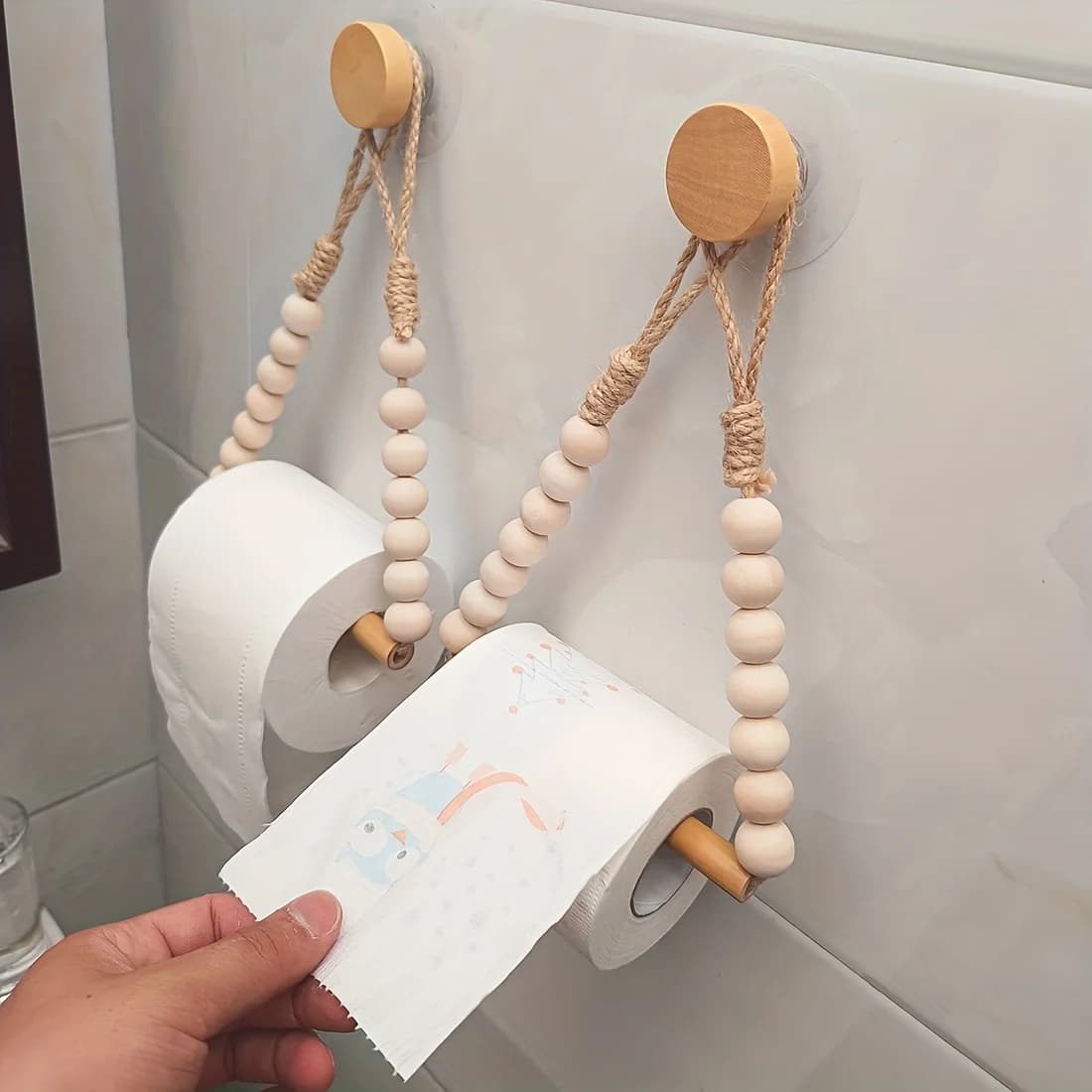 Portarotolo per carta igienica senza trapano in legno rustico con cavo di iuta e perline Adesivo per dispenser di carta in rotolo da bagno a parete