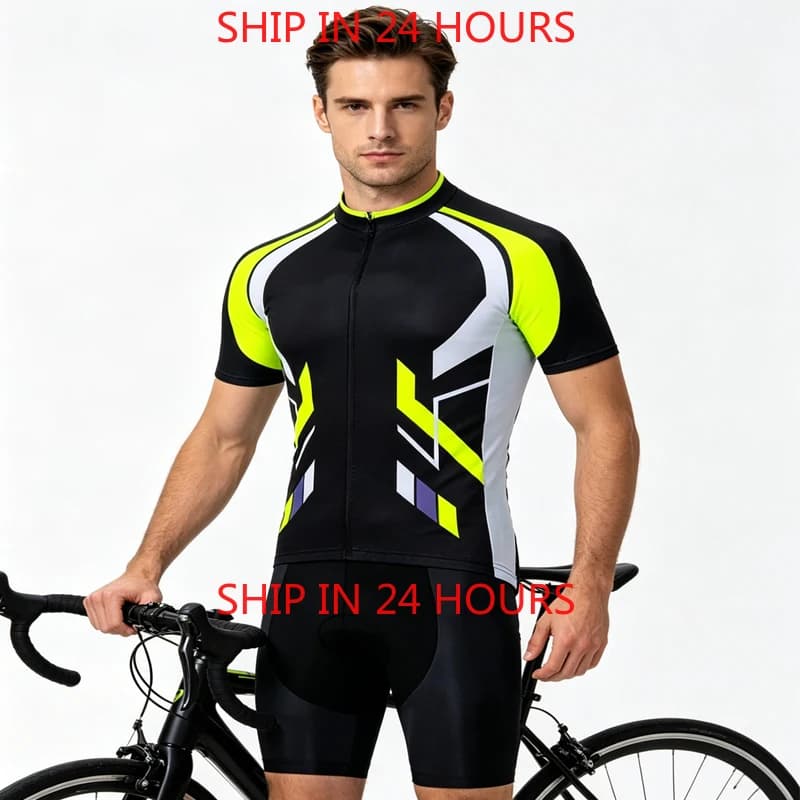 Set Maglia e Pantaloncini da Ciclismo MTB per Uomo, Completo Estivo da Ciclismo, T-Shirt e Pantaloncini con Bretelle, Abbigliamento per Triathlon e Mountain Bike