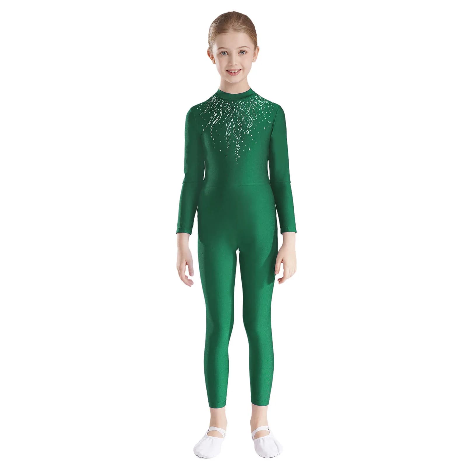 Bambini Ragazze Ginnastica Danza Body Balletto Figura Pattinaggio su ghiaccio Acrobazia Costume Manica lunga Strass Tuta Yoga Body