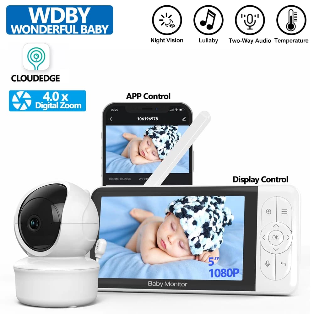 Monitor per Bambini da 5 Pollici 1080P con Zoom 4x, Telecamera PTZ, Interfono Bidirezionale, Visione Notturna, Rilevamento Temperatura Wireless