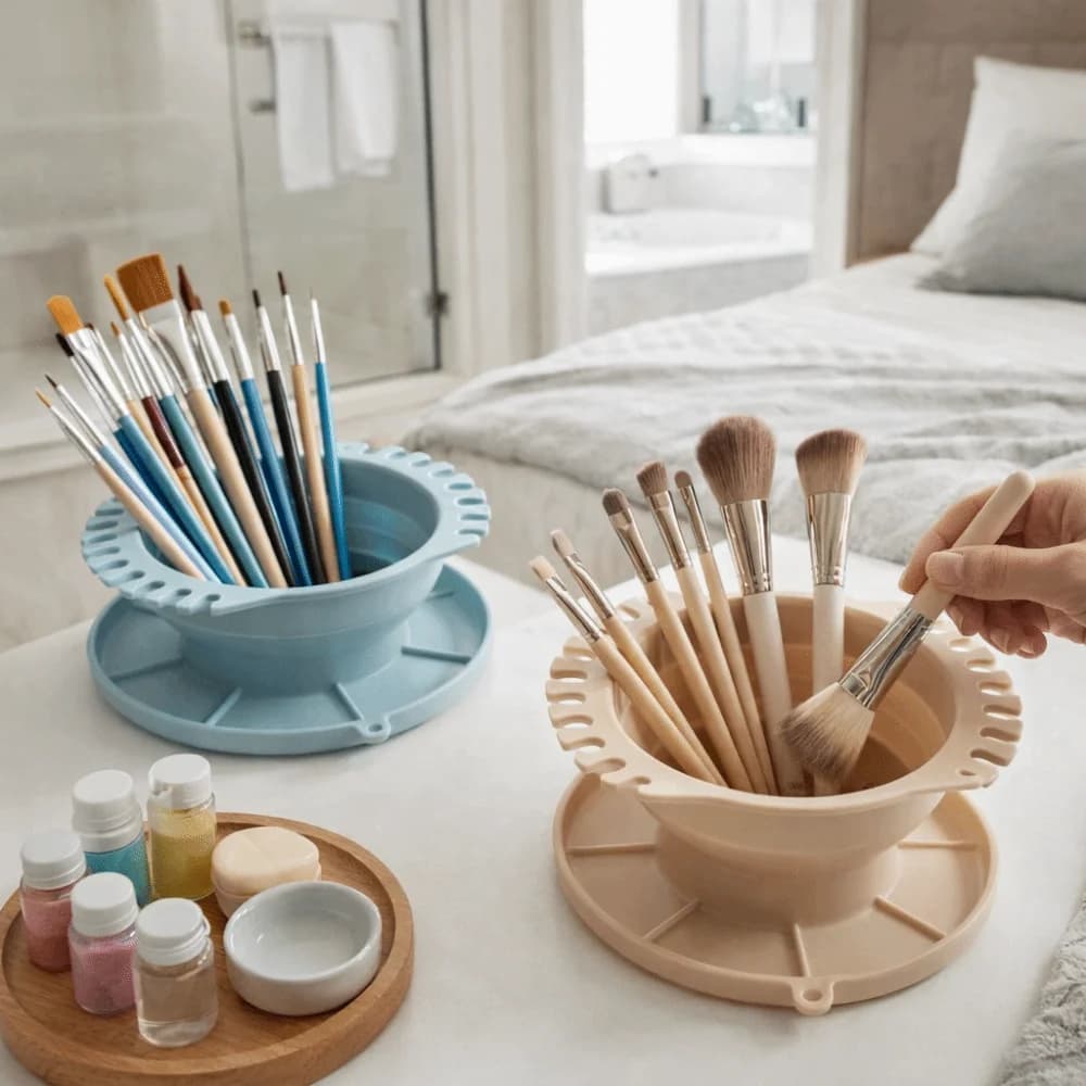 Makeup Brush Cleaner 3 in 1 Folder with Brush Door, Makeup Brush Cleaning Box, Silicone Bowl for Washing Umbrella Brushes