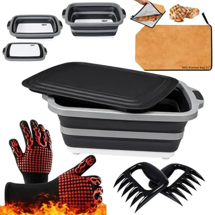 NCA - Set 5 Pezzi: Vasca per Preparazione BBQ, Coperta BBQ, Guanti Resistenti al Calore per Griglia 1472 ° F,Meat Claws 21" Borsa Termica per Carne, Isolata Tripla L