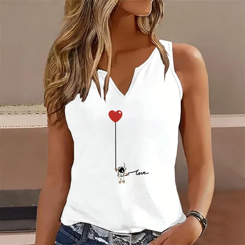 T-shirt Canotta da Donna con Stampa Cartoon Love, Scollo a V, Senza Maniche, Stile Casual Y2K, Divertente