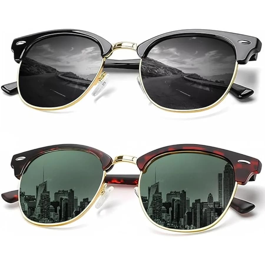 Sunglasses Men Polarized Sunglasses for Men Women Unisex Semi-Rimless Frame Retro Driving Sun Glasses UV Blocking, B02- (2 Pack) Glossy Black/Matte Blackish Green