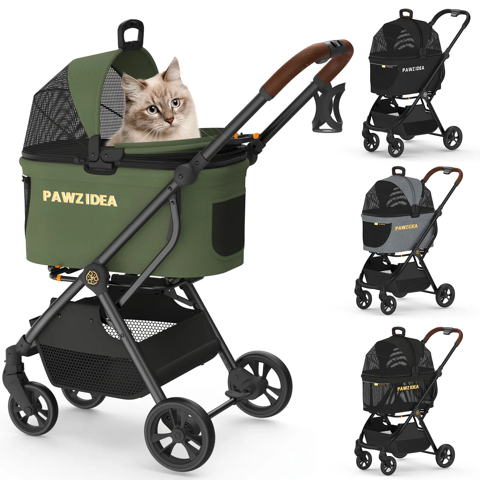 PAWZIDEA Passeggino 4-in-1 per Cani e Gatti con Trasportino Rimovibile e Seggiolino Auto per Cuccioli - Carrello Pieghevole Leggero, Senza Cerniera
