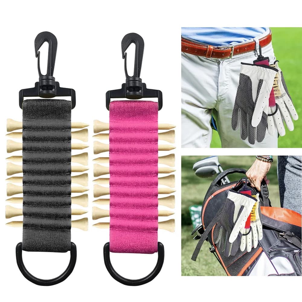 New Hook and Loop Faste Golf Glove Hanger Double Side Hanging Tee Clip Comes With 10Pcs Golf Tees Portable Golf Course Accessory