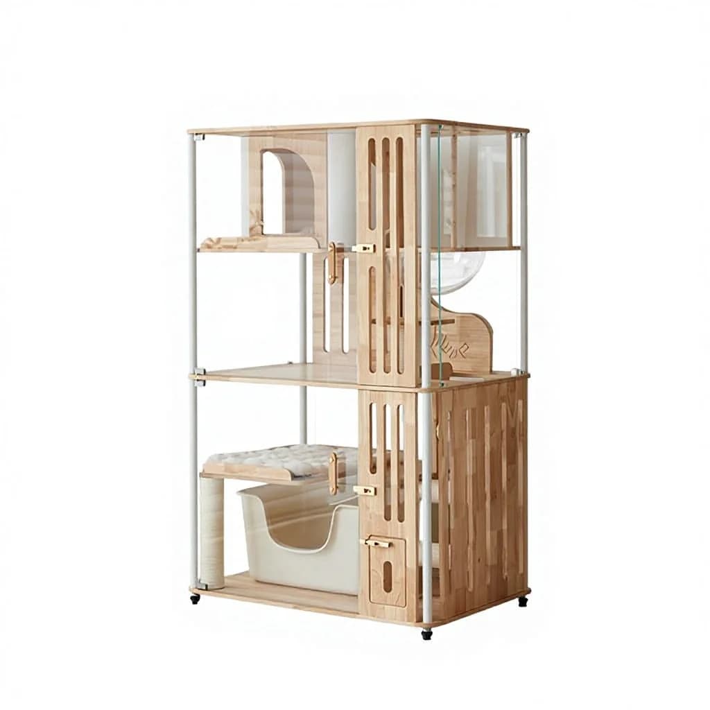 Solid Wood & Tempered Glass Panoramic Cat Villa with Automatic Litter Box for Large-Sized Cats Indoor Use