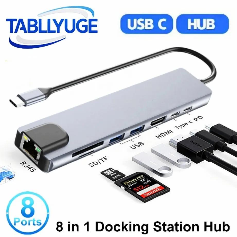 8 in 1 USB C Hub Type C 3.1 to 4K HDMI Adapter USB 3.0 Docking Station Type C Splitter with RJ45 SD/TF Card Reader PD for Laptop