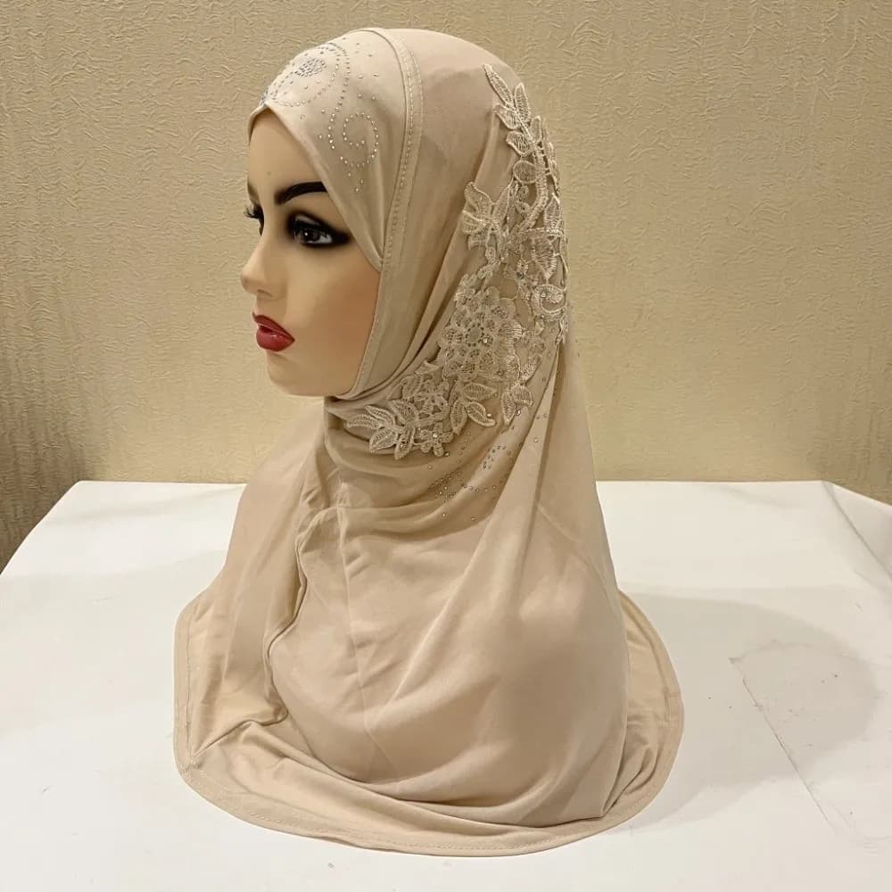 Regalo Elegante Hijab in Pizzo con Strass, Turbante Islamico, Sciarpa Tinta Unita, Elegante Copricapo da Preghiera per l'Eid