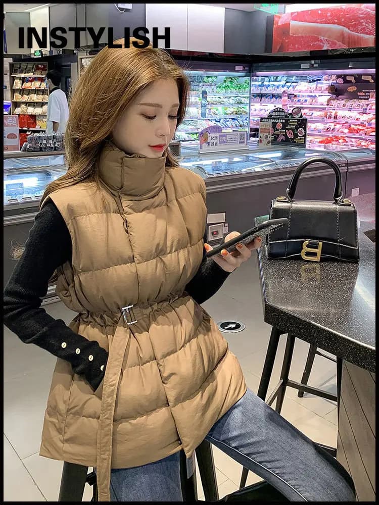 Elegante gilet imbottito donna inverno colletto alla coreana gilet senza maniche con cintura coreano Harajuku piumino Casual gilet
