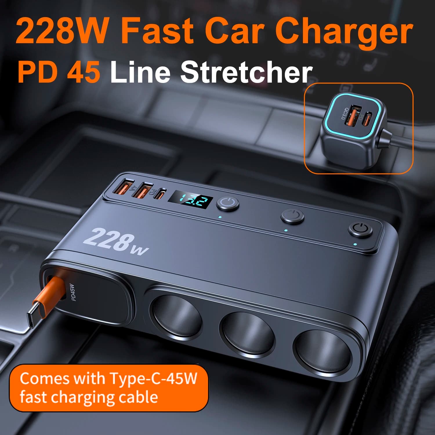 228W 9 in 1 Adapter for quick charger for car Charging Independent switches DC cigarette socket PD 3 Splitter for cigarette lighters