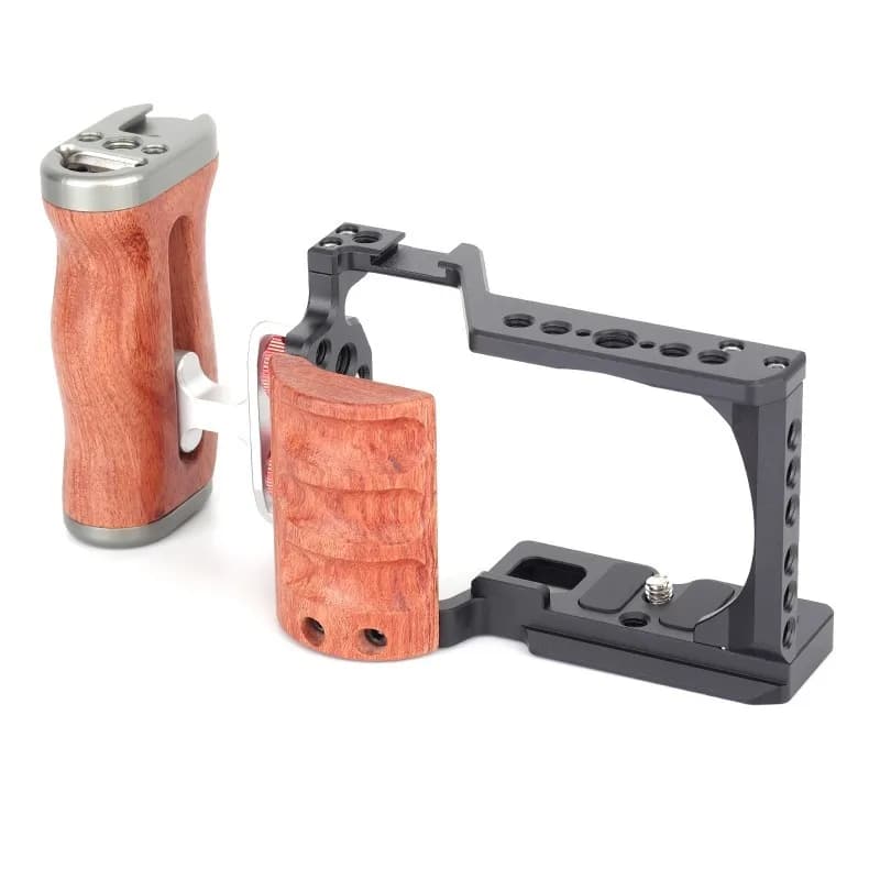 Gabbia per fotocamera Sony ZV-E10 con impugnatura in legno, supporto cold shoe, stabilizzatore, microfono LED video e treppiede