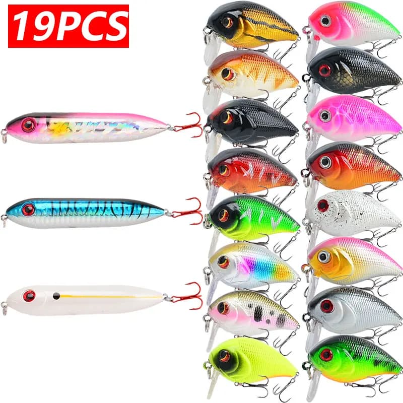 19pcs/lot Mixed Color ABS Fishing Lure 7.4g Crankbait Wbblers & 12.7g Pencil 3D Eyes Ideal for Freshwater & Saltwater Angling