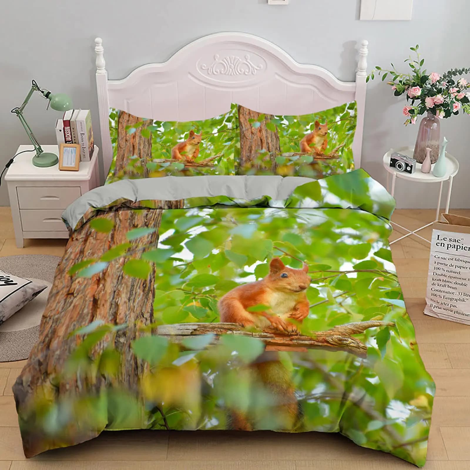 3D Scoiattolo Re Regina Copripiumino Bellissimo set di biancheria da letto per animali per bambini Adolescenti Adulti Fauna selvatica Foglie verdi Morbida 2/3 pezzi Copripiumino