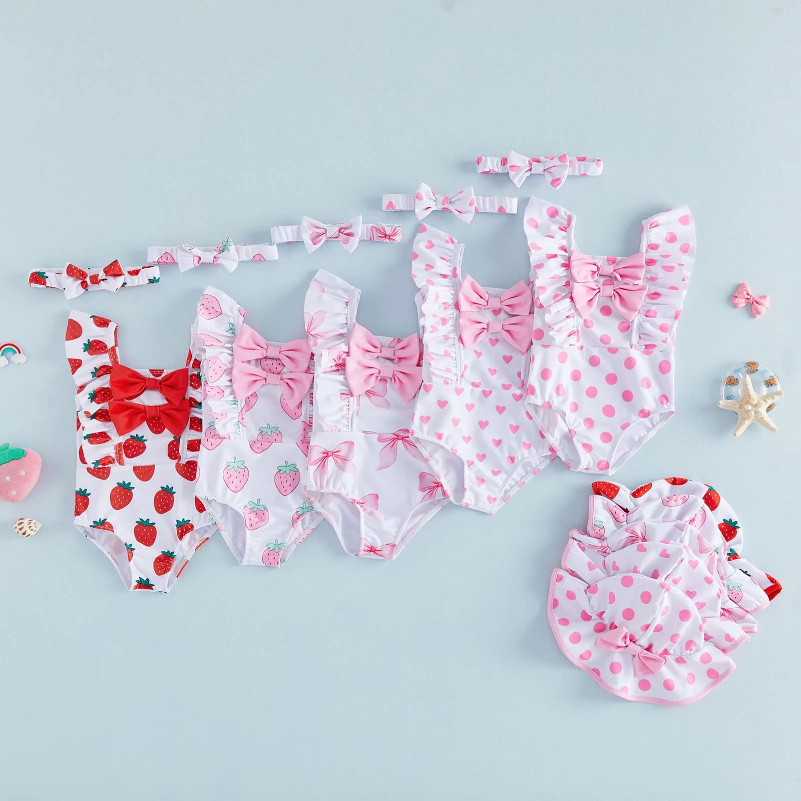 Baby girl's swimsuit with print bow/frag/heart, full summer suit with cap and hair band for pool and beach
