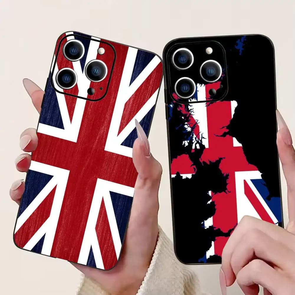 Cover per iPhone con Bandiera Nazionale Britannica per iPhone 17, 16, 15, 14, 13, 12, 11 Plus, Pro Max, XS, in Silicone Morbido Nero