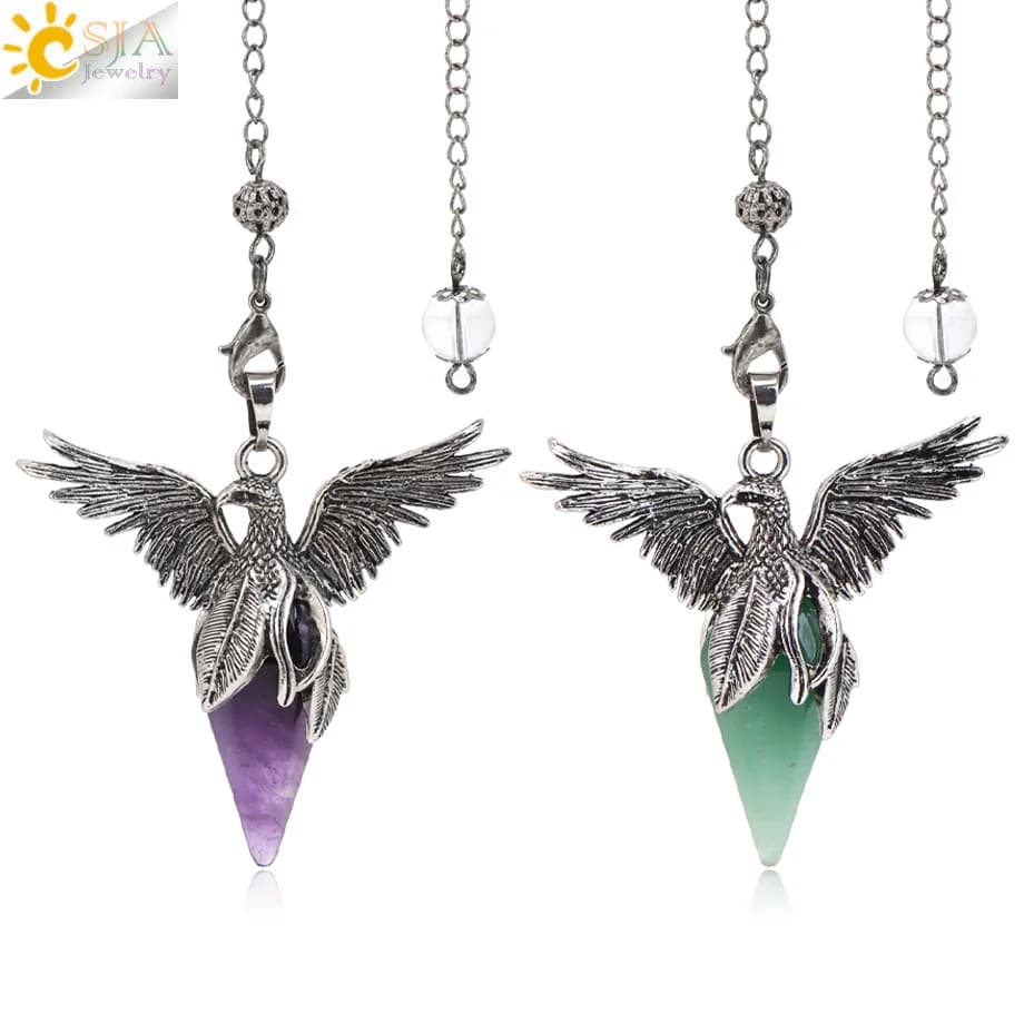 CSJA Pendolo Vintage con Cristallo a Forma di Fenice per Divinazione e Radiestesia, Ciondolo con Ali d'Angelo in Pietra Naturale, Pendule Pendulos H895
