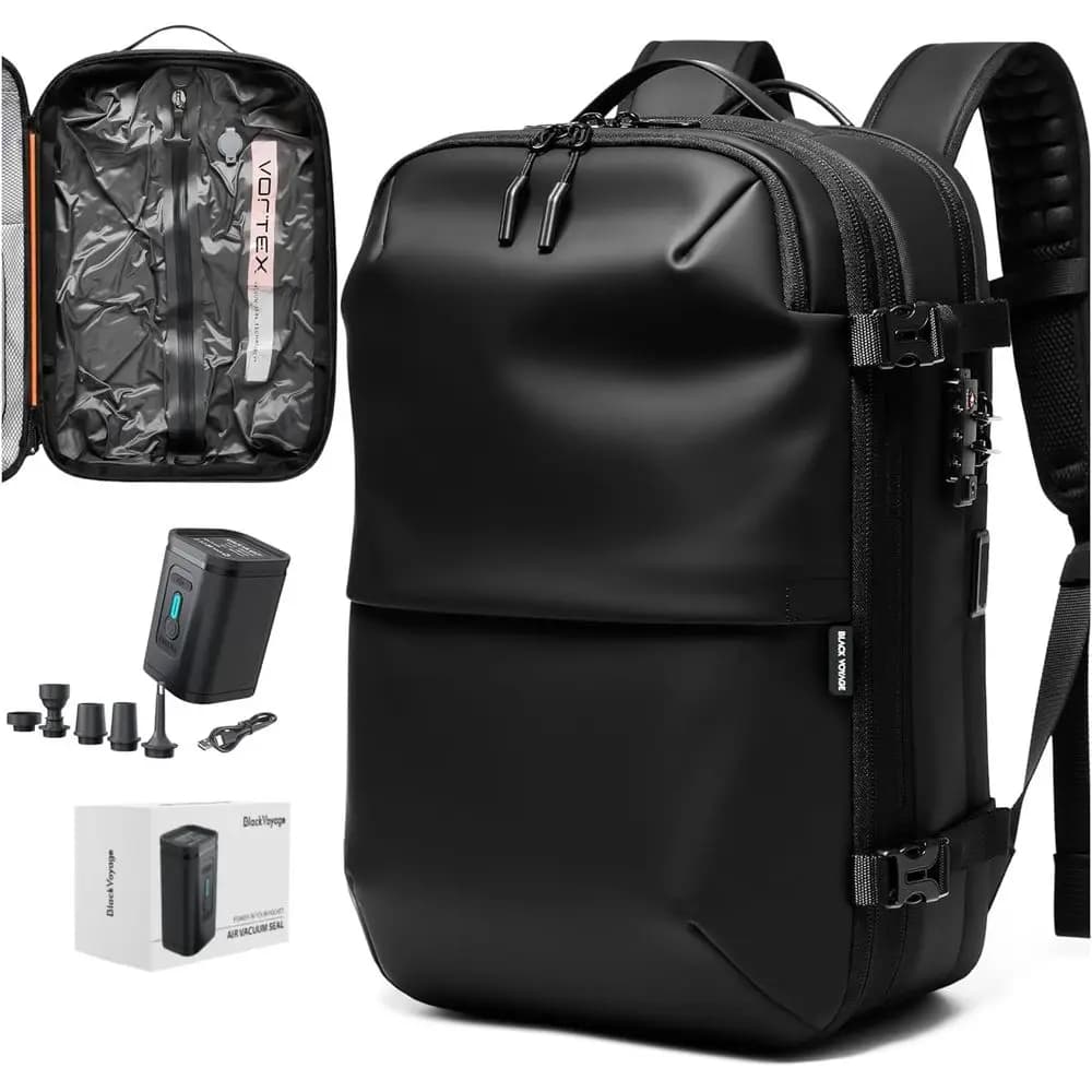 Zaino da Viaggio Espandibile 60L con Compressione ad Aria, Resistente all'Acqua, Lucchetto TSA, Valigia da Cabina - Pompa per Sottovuoto Inclusa