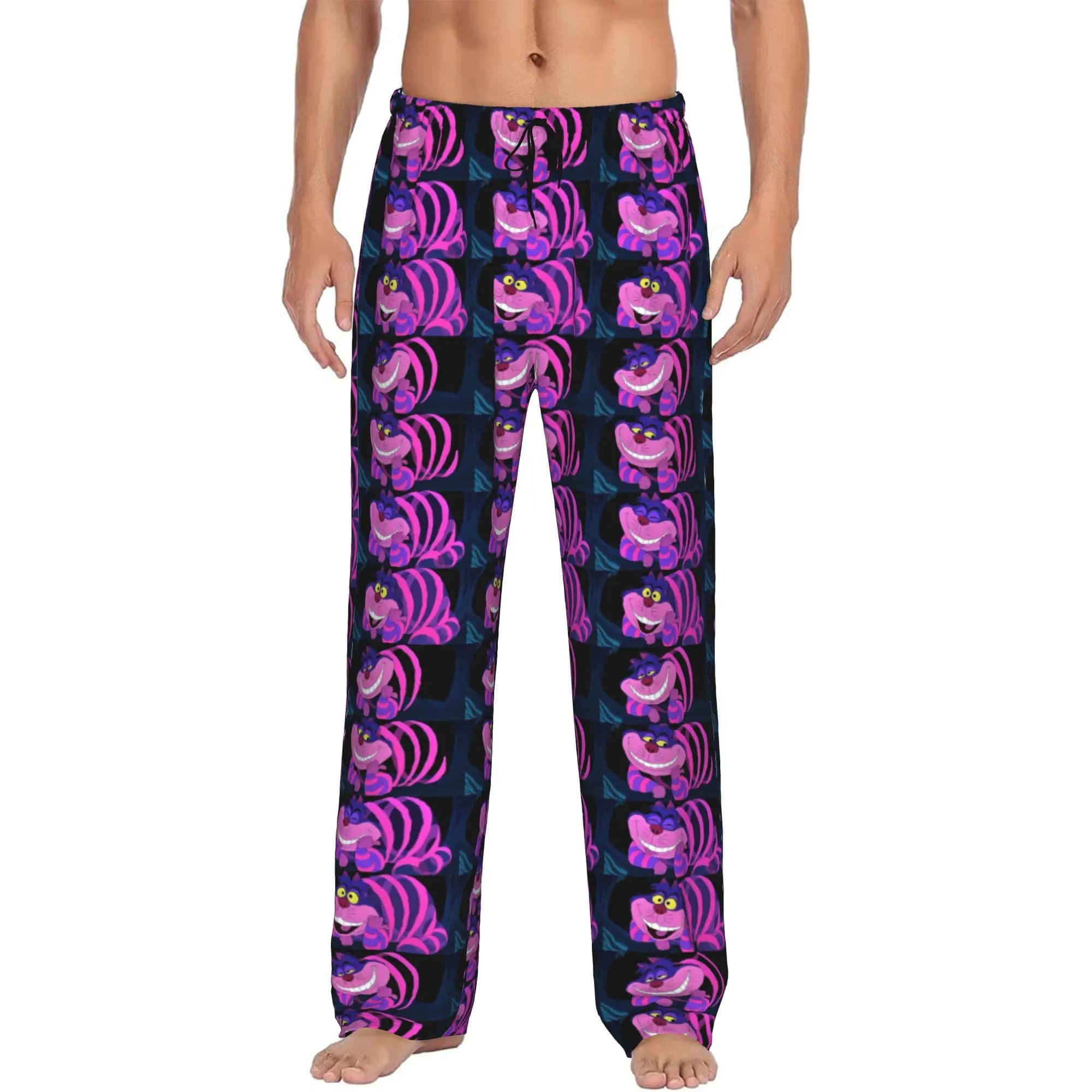 Pantaloni Pigiama Personalizzati con Gatto Anime C-Cheshire, Abbigliamento da Notte per Uomo con Elastico in Vita e Tasche