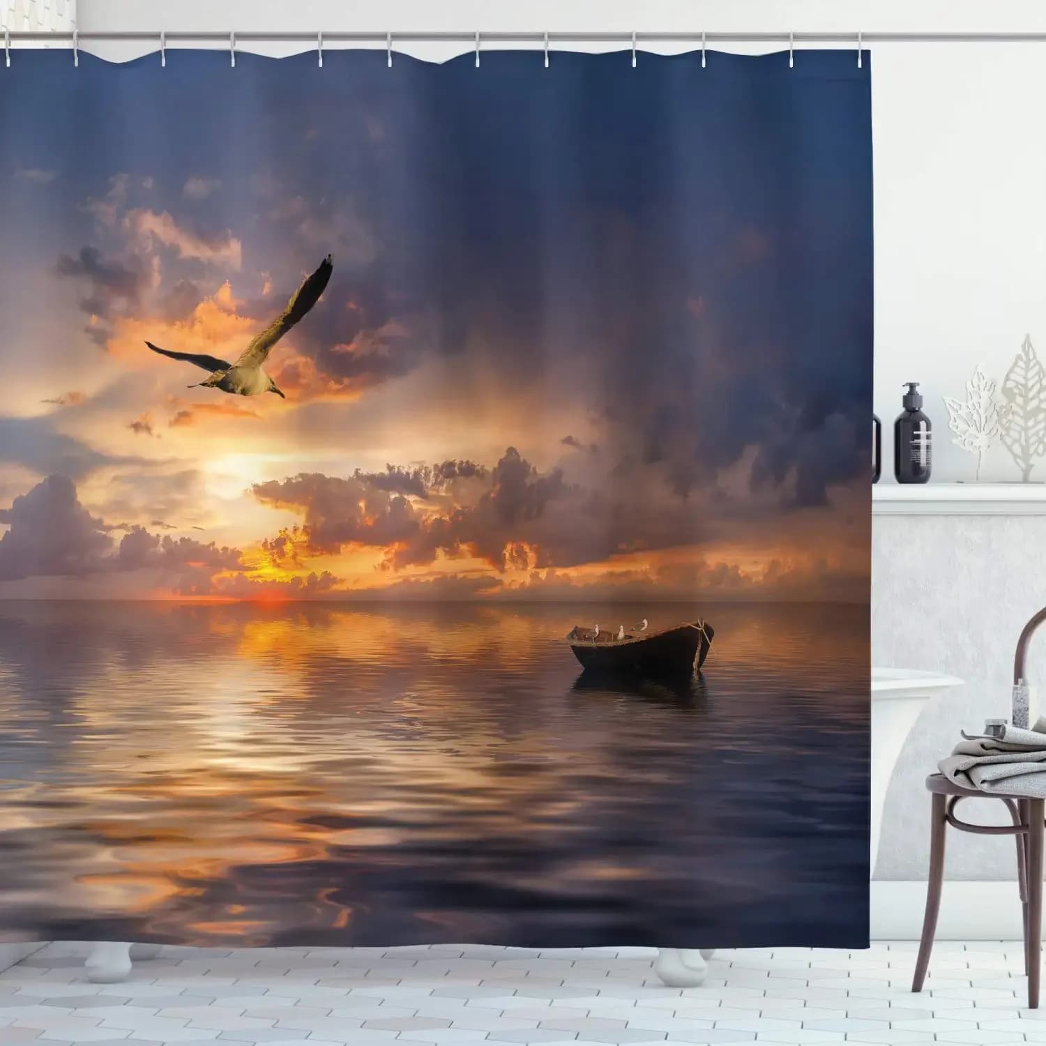 Tenda da doccia con motivo barca e uccelli, tramonto sull'oceano e nuvole, in tessuto impermeabile, decorazione per bagno con ganci, schermo per vasca da bagno