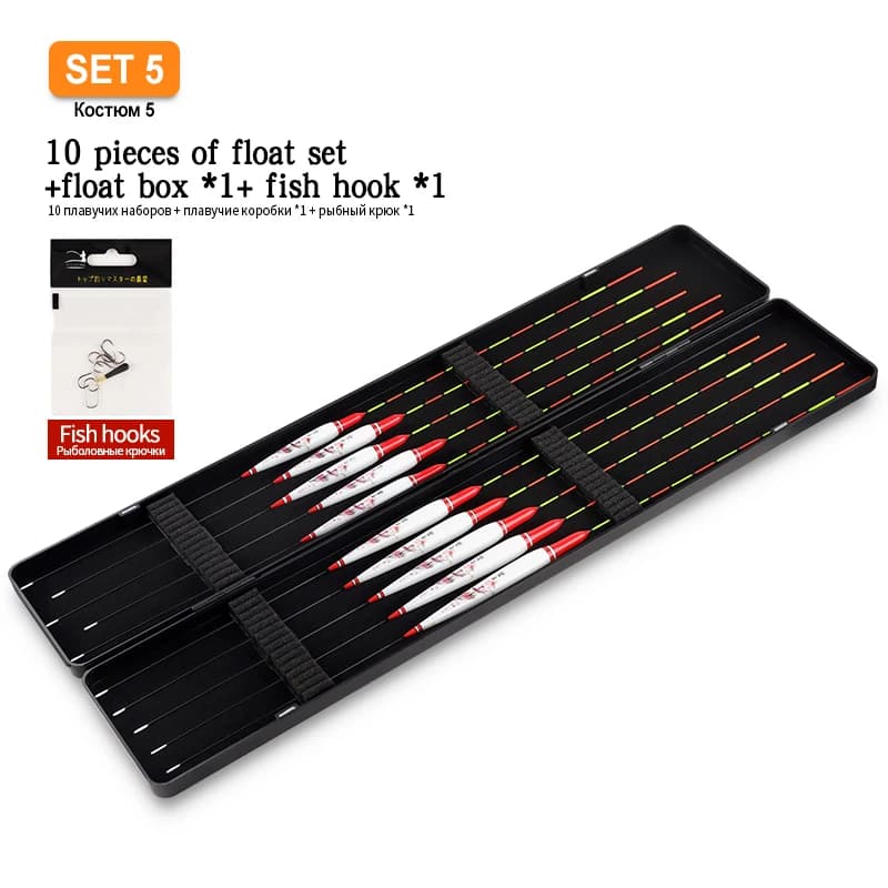 10 pz Nano galleggianti da pesca Set + 1 boa Box + 1 borsa ganci boa d'acqua dolce Bobber sensibile stabile strumenti Boya affrontare accessori