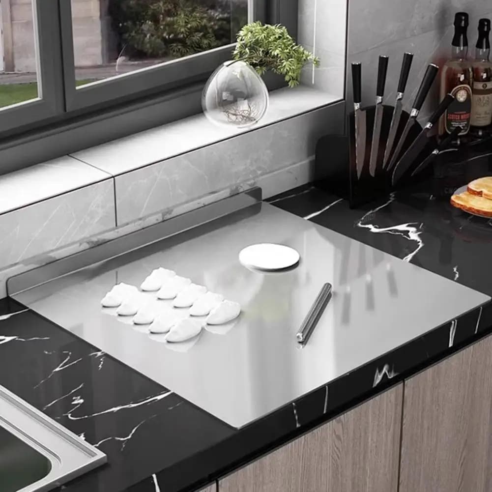 Tagliere Durevole in Acciaio Inossidabile con Bordo Antiscivolo a L, Grado Alimentare 304, per Preparazione Cucina di Carne e Verdure