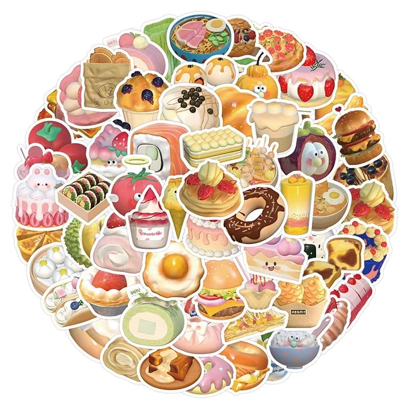 103 Pezzi Adesivi 3D a Tema Cibo Cartone Animato (Sushi, Pane, Dessert) per Casco, Bicicletta, Diario, Astuccio - Papery Pop Store