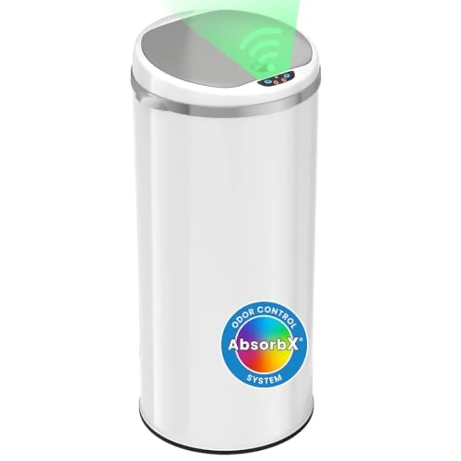 Cestino per Rifiuti da Cucina con Sensore da 50 L (13 Galloni), Filtro Anti-Odore, Sottile, Rotondo, Bianco, in Acciaio Inossidabile, Bidone Automatico per Riciclaggio