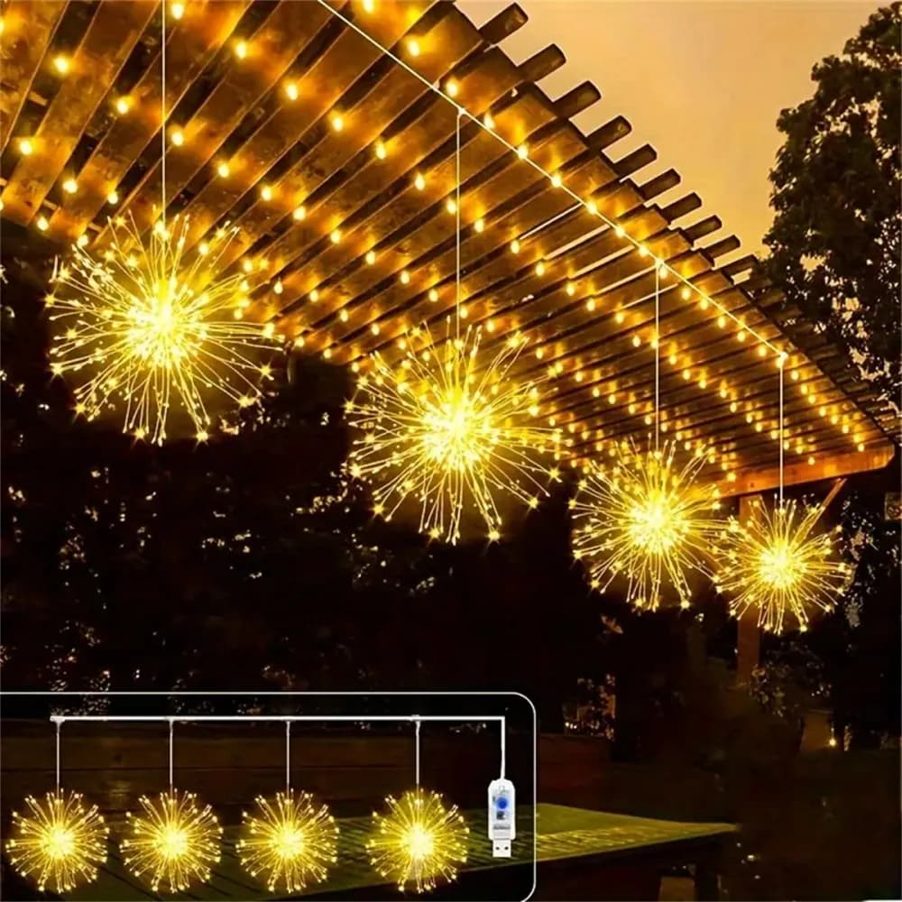 4PCS USB Hanging Firework Fairy Lights, 360LEDs Waterproof String Lights,Outdoor Garden Terrace Wedding Yard Lighting Decoration