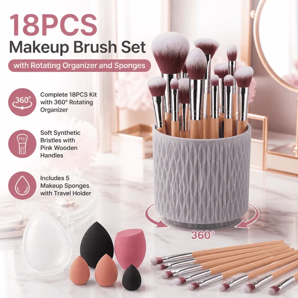 18Pcs Makeup Brushes Set With 360° Rotating Organizer Holder, Professional Foundation Eyeshadow Cosmetic Brush Kit, Beginner