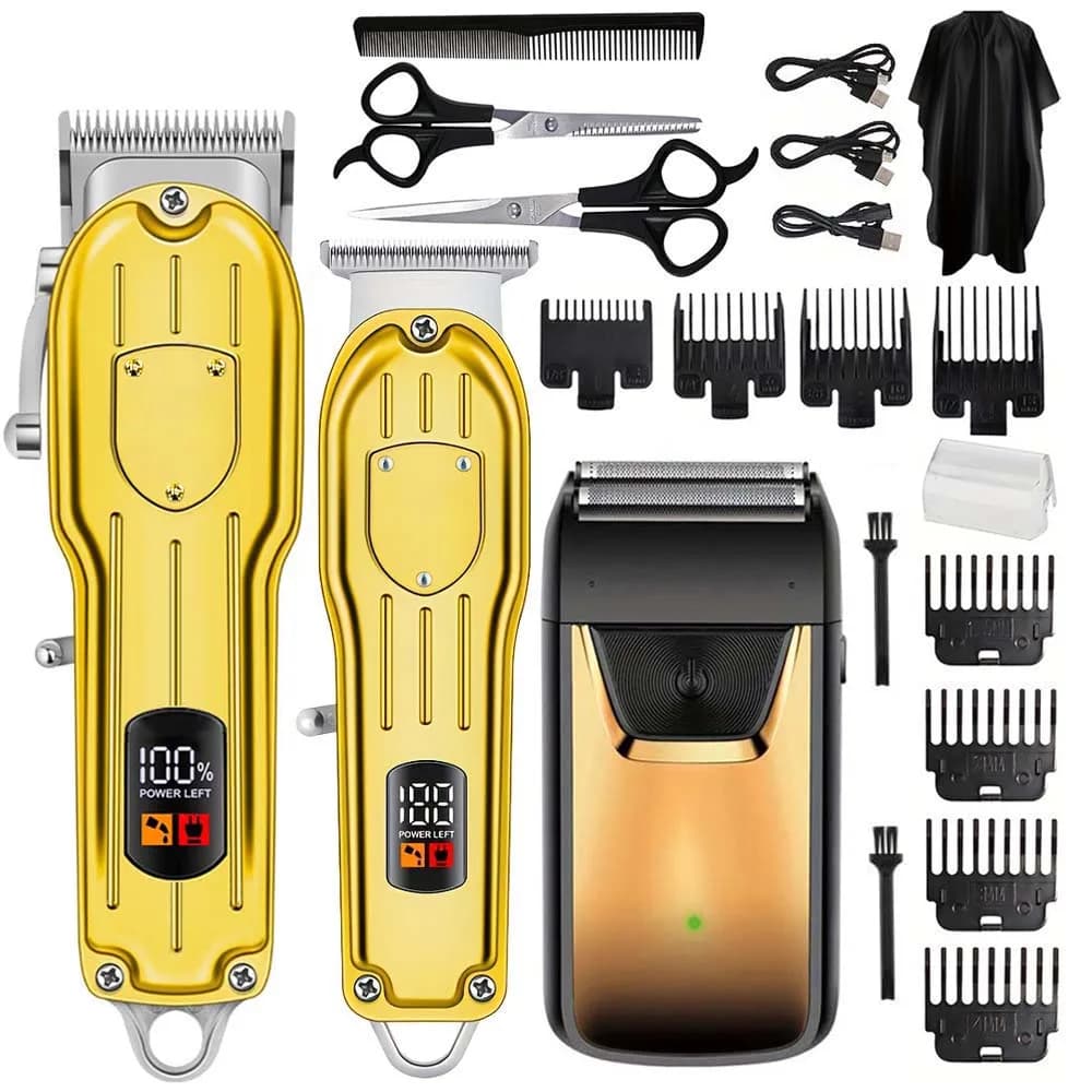 Professional Hair Clipper Set with LCD Display, Cordless Beard Trimmer & Foil Shaver for Men, USB Rechargeable Grooming Kit with Multiple Guards & Accessories