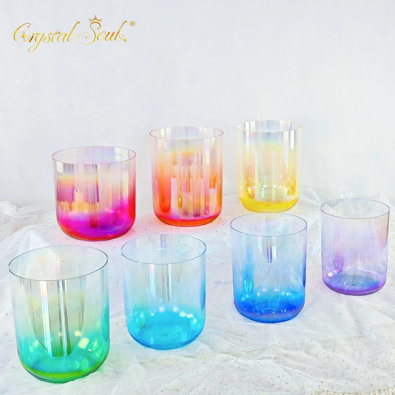 CrystalSoul iridescent 432Hz 7-8.5inch Alchemy Clear Quartz Crystal Singing Bowls Set with bag and accessories