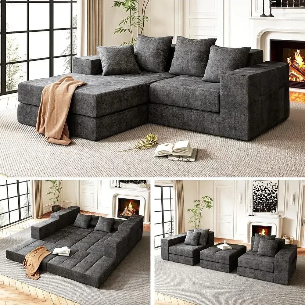 Luxury L-Shaped Sofa with Washable Cover, Deep Seating, Pillows, Sleeper Couch, Non-Slip Base, Plush Support
