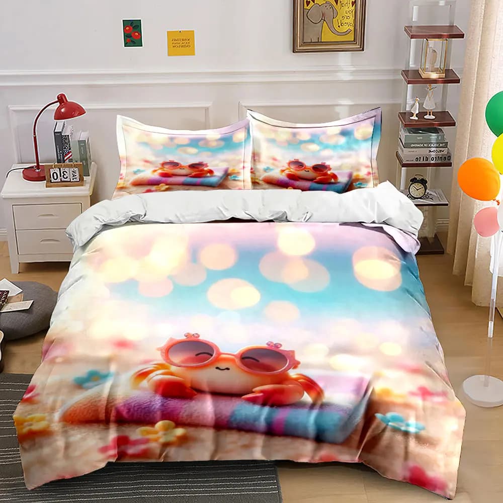 Relaxed Beach Crab with Sunglasses Print Bedding Set 1 Duvet Cover 2 Pillowcases for Adult and Children Luxury Gift Full Size
