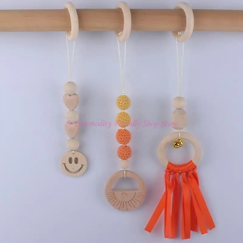 85AE 3 Pcs/Set Baby Gym Frame Pendants Beech Wooden Ring Knit Beads Teether Stroller Rattle Infants Newborn Teething Toy