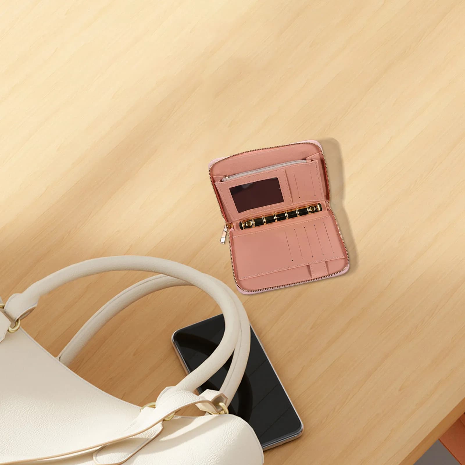 Portafoglio Organizer Rosa in PU con Cerniera, Porta Contanti e Carte, Taccuino Ricaricabile, Planner per Risparmio per Donne