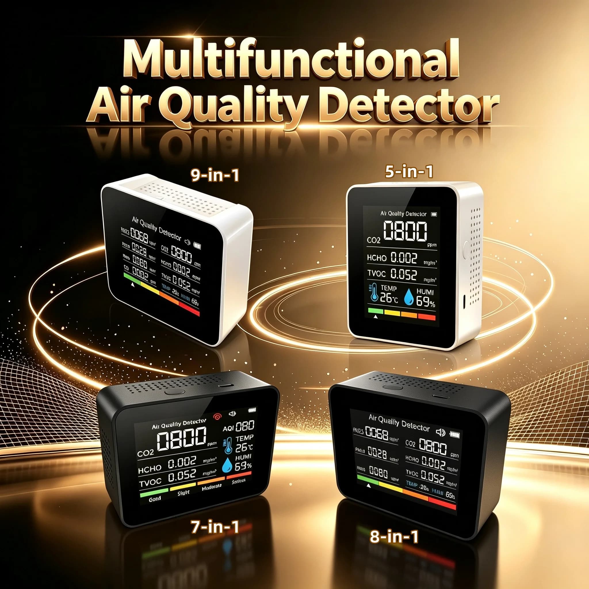 Multi in One Functional Gas Detector for Household Use, with Built-in Temperature and Humidity Sensors, CO、CO2、HCHO、TVOC、PM2.5