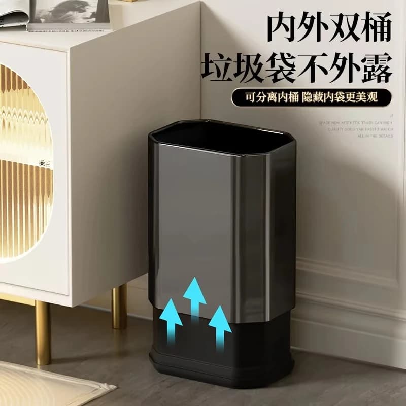 10L/2.6gal Black Stainless Steel Double-Layer Trash Can Open-Top Rubbish Bin, Luxury Wastebasket Matte Garbage Can for bathroom
