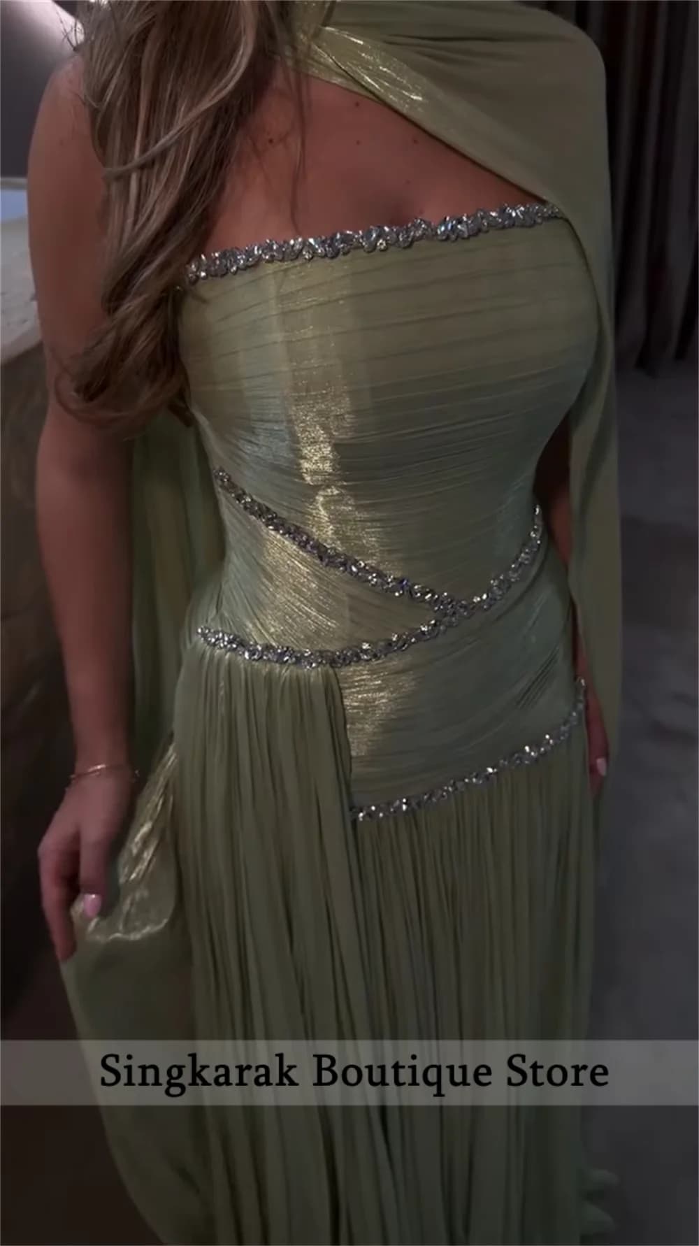 Customized Sage Green A-Line Shawl Strapless Prom Dress Crystal Pleated Formal Evening Party Gown Floor-Length Vestidos