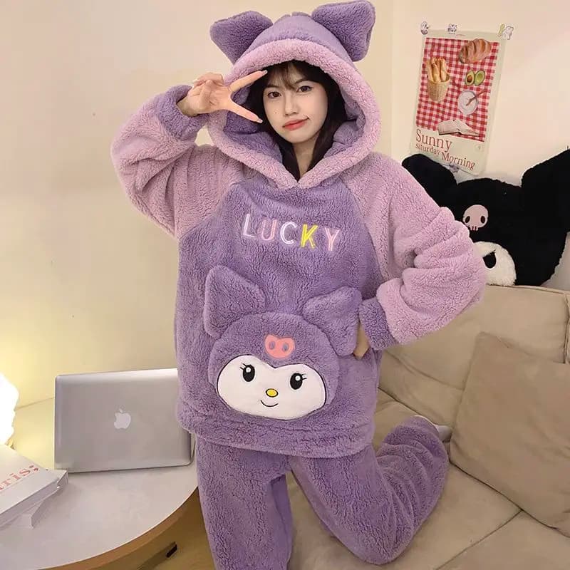Set Pigiama in Velluto Corallo Sanrio Kuromi Cinnamoroll per Donne, Hello Kitty, Maniche Lunghe, Caldo e Carino, Abbigliamento da Casa per Ragazze