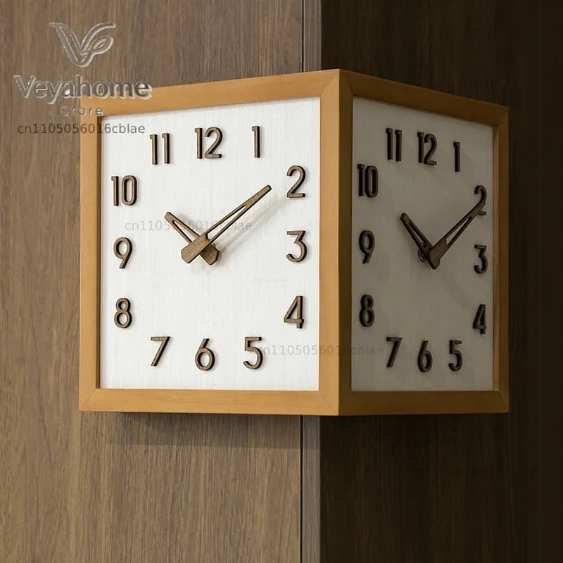 Corner Wall Clock Wood Double Sided Wall Watch Luxury Aesthetic Modern Clocks Silent Elegant Decorative Living Room Watches