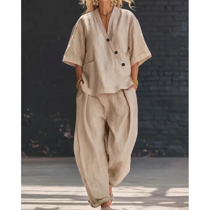 Set di pantaloni casual larghi con camicia a mezza manica con scollo a V + pantaloni a gamba larga, set due pezzi traspirante per outfit estivi da giorno e da strada.