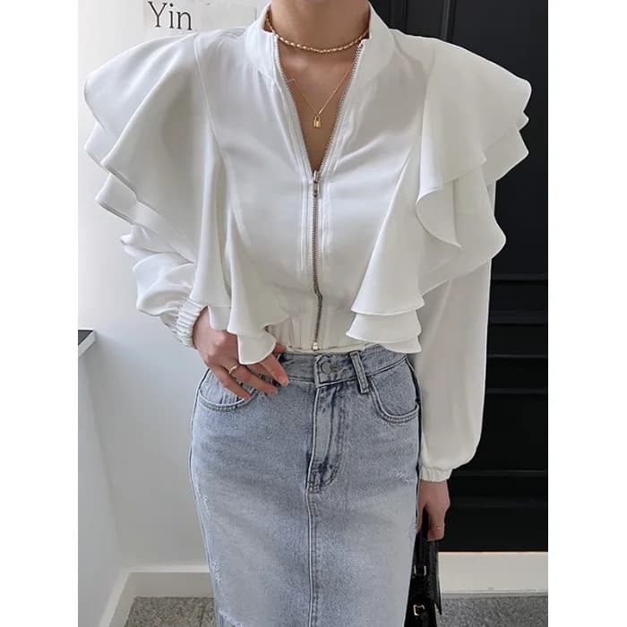 Chic Double Layered Women's Zipper Jacket Short Outerwear French Style Polyester Fiber Thin Model with Lace Trim Open Cardigan