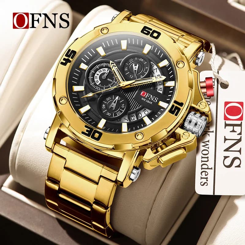 OFNS 7502 Luxury Quartz Men's Watch with Three Eyes and Six Needles Chronograph Multi Functional Steel Strip Watches for Men