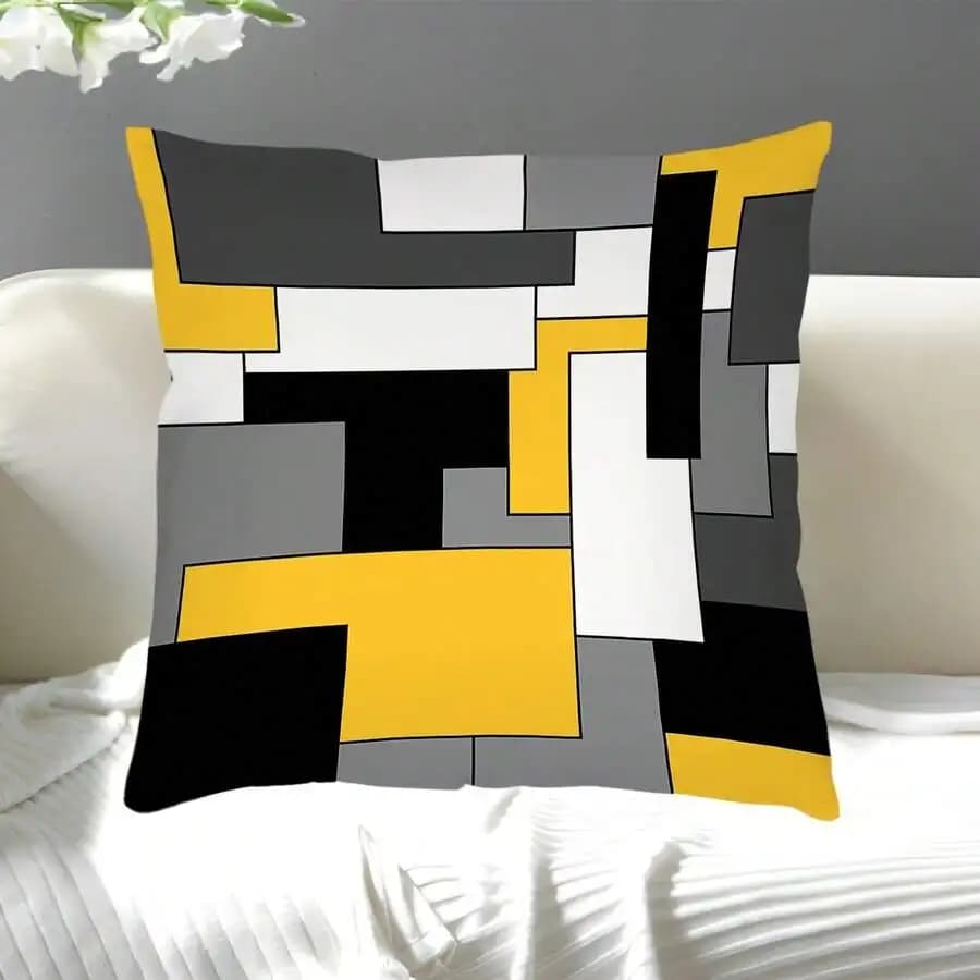 Abstract Geometric Pillow Cover Yellow Gray Black White Block Pattern Decorative Sofa Bed Cushion Case Double Sided Print