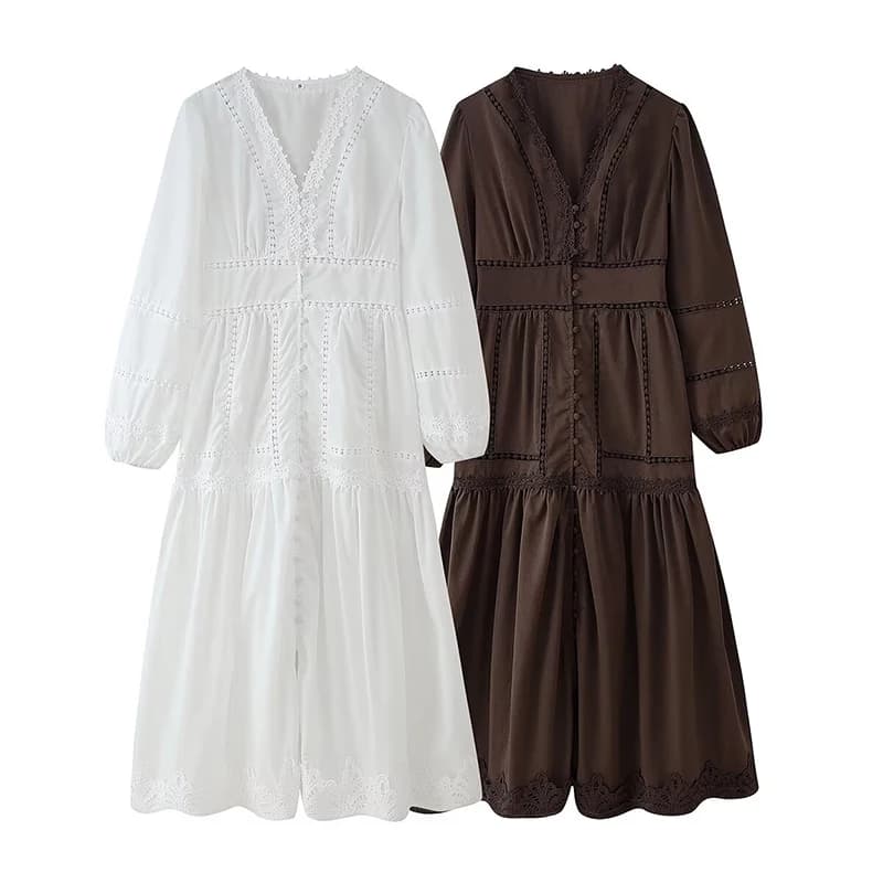 YENKYE Abito scavato con giunture in pizzo Donna Vintage Solido scollo a V Manica a lanterna Abiti lunghi casual Autunno 2025 Lady Robe